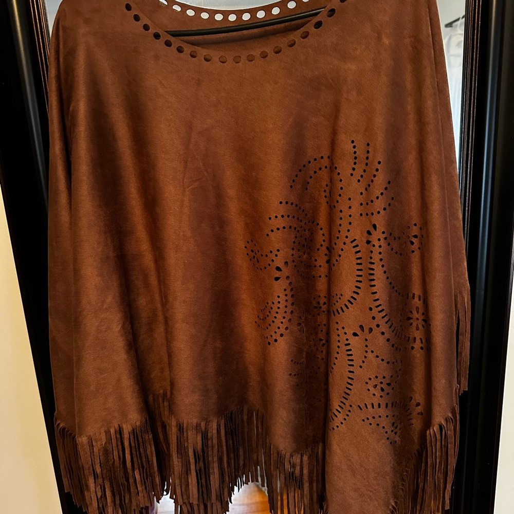 Faux suede fringe cape
